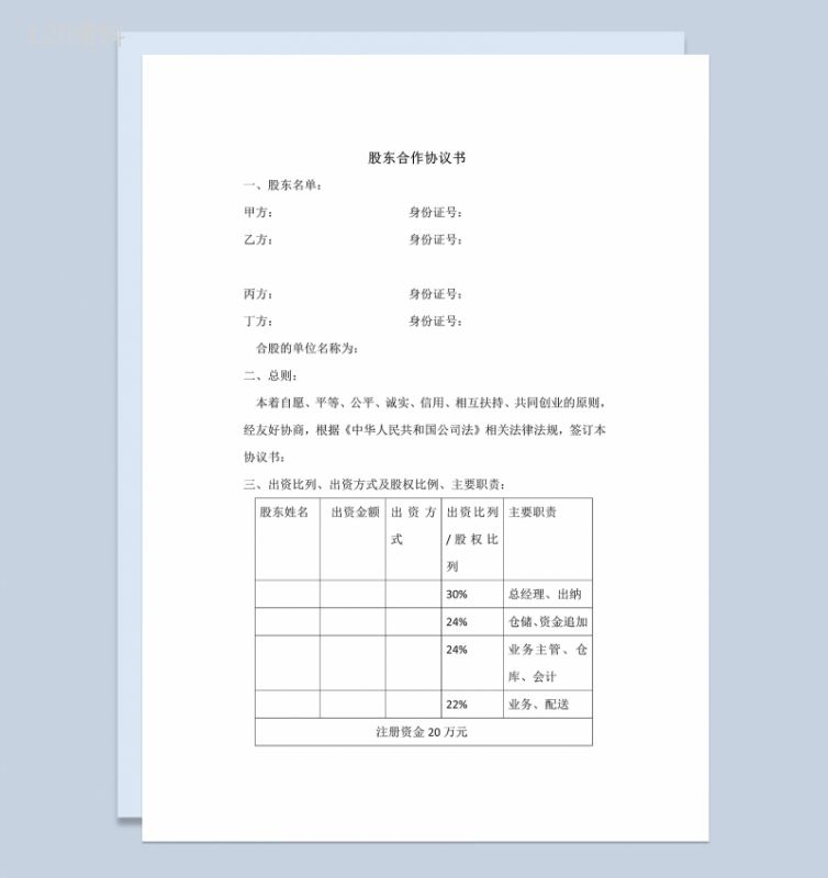 白色实用经典风格股东合作协议书范本Word模板-1