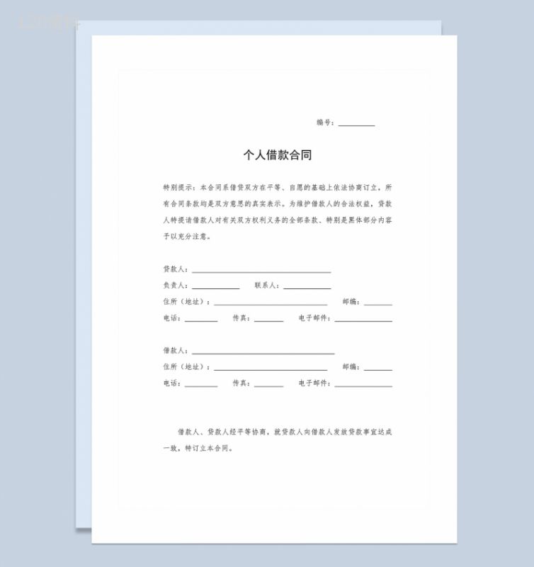 全新详细版个人借款合同样本Word模板-1