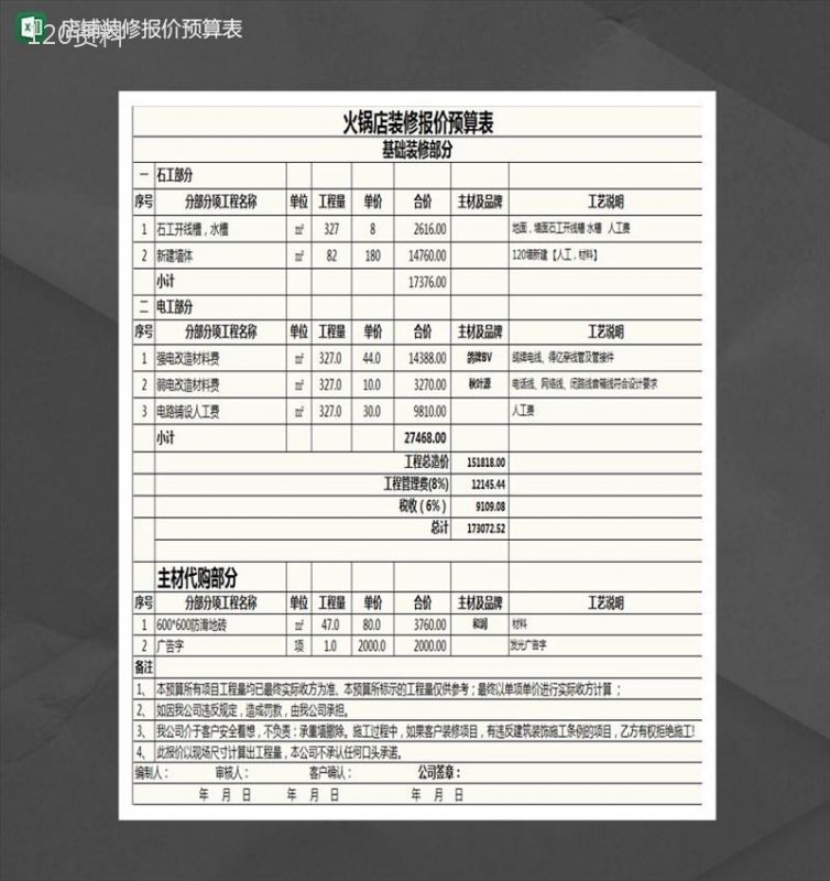 火锅店装修报价预算表Excel模板-1