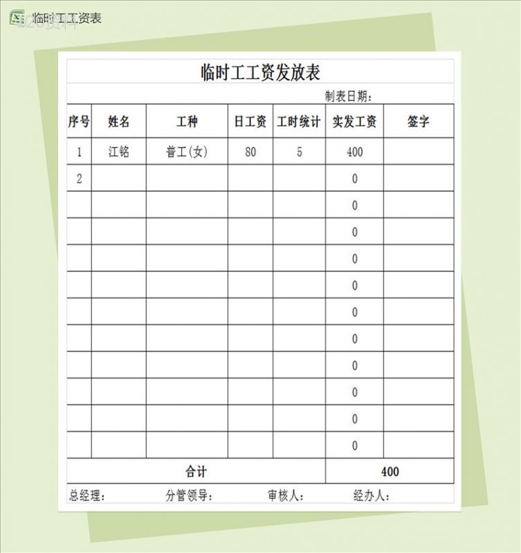 临时工工资发放表excel表格模板-1