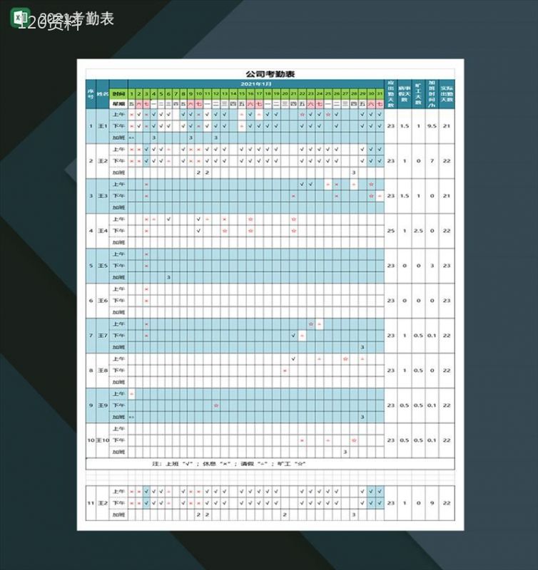 2021考勤表加班出勤情况统计-1