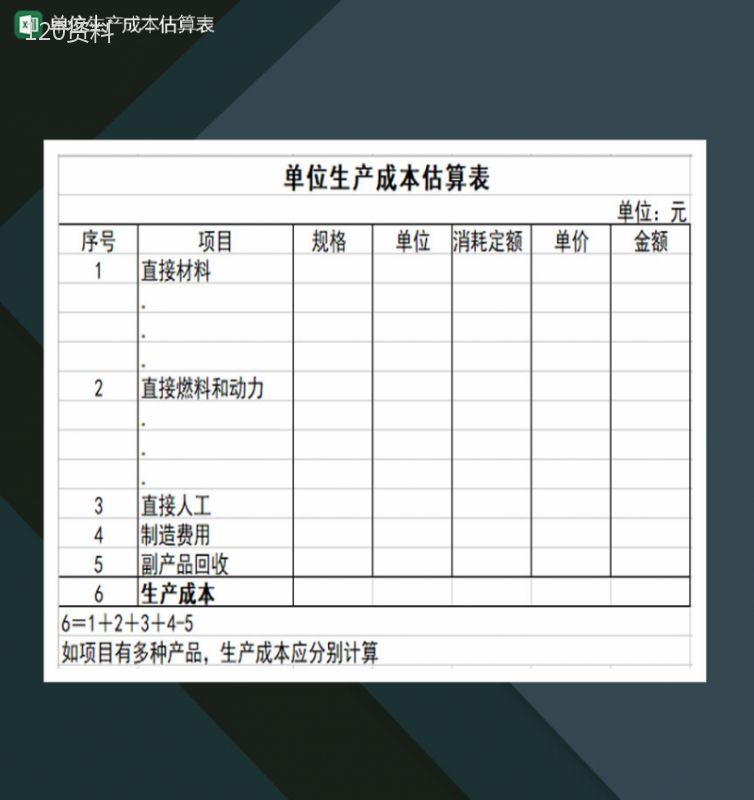 单位生产成本估算表Excel模板-1