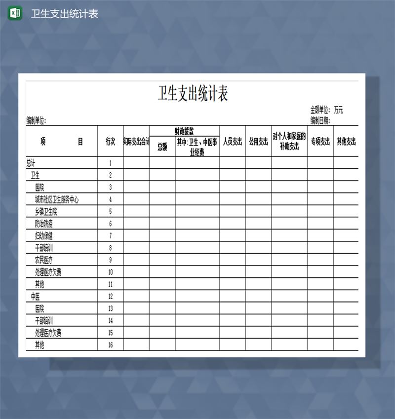 卫生机构财政支出明细表Excel模板-1