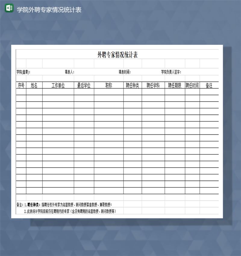 学院外聘专家情况统计表Excel模板-1