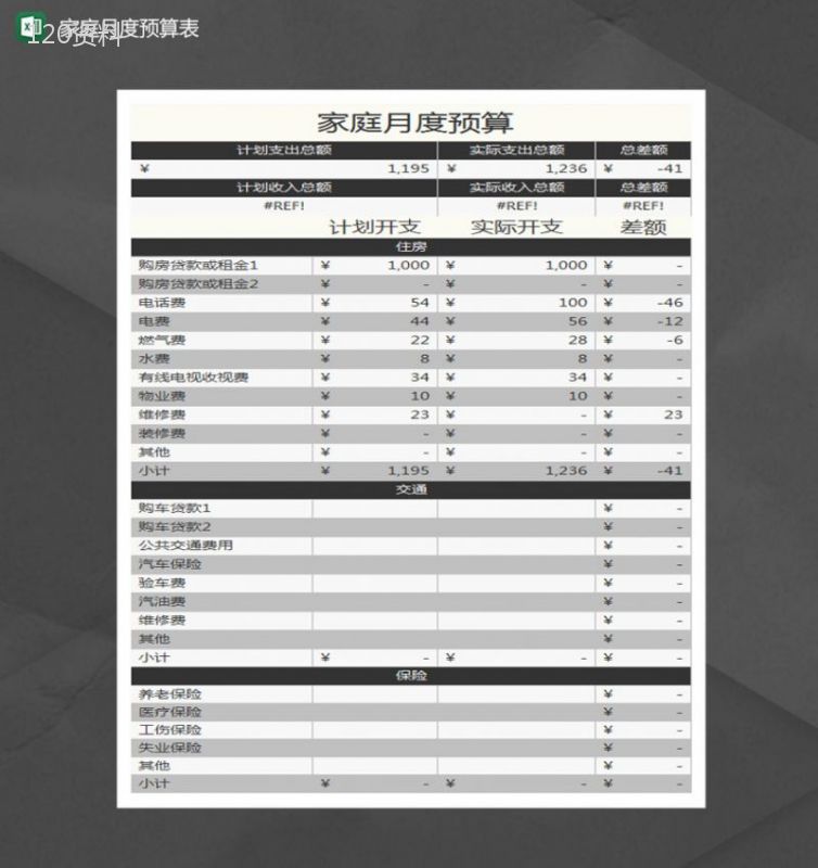 家庭月度预算表Excel模板-1