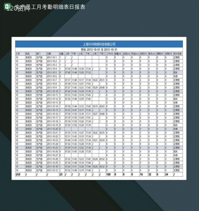 工厂生产员工月考勤明细表日报表Excel模板-1