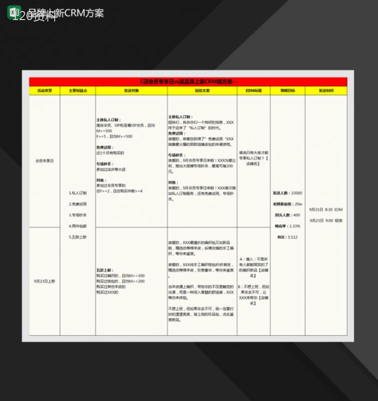 会员专享日vs某品牌上新CRM端方案Excel模板-1