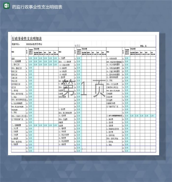 药监行政事业性财务支出明细表Excel模板-1