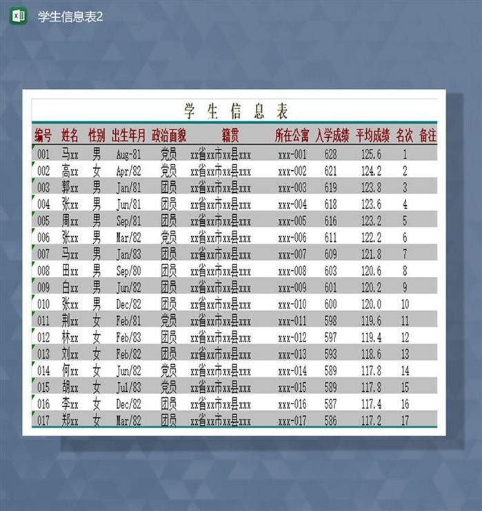 学生入学信息入学成绩情况详情明细表Excel模板-1