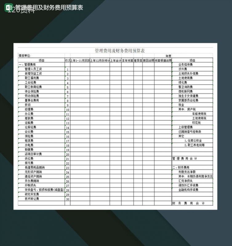 管理费用及财务费用预算表Excel模板-1