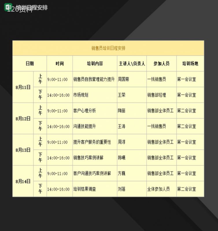 公司销售员培训日程安排明细表Excel模板-1