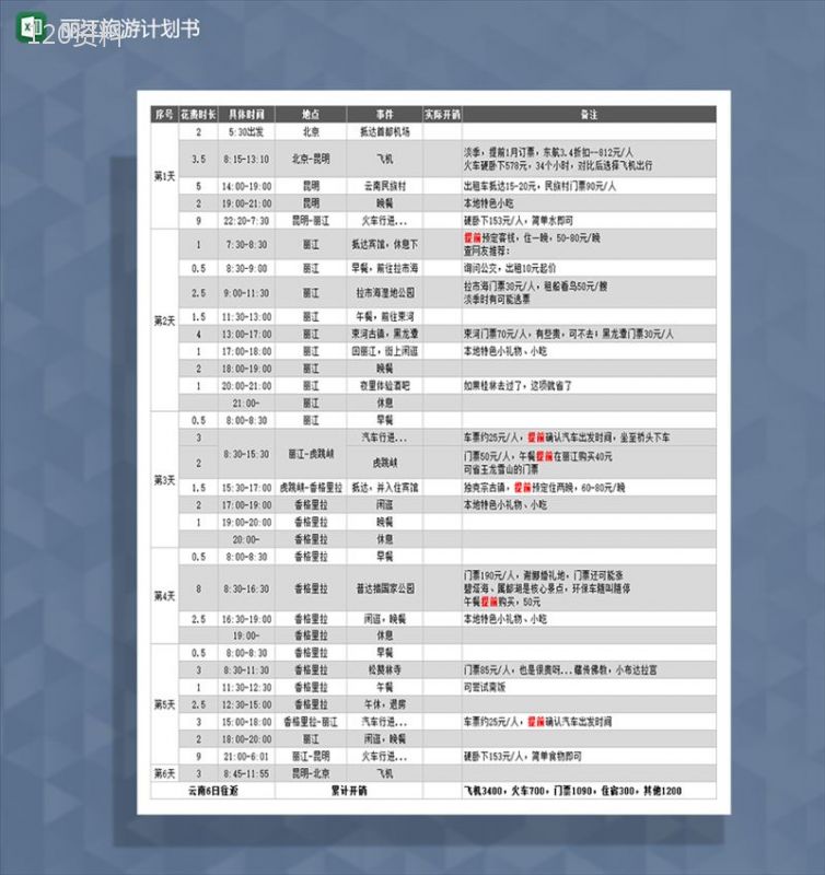 丽江旅游计划书Excel模板-1