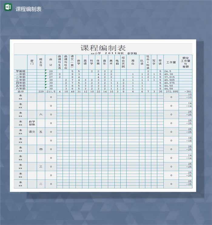 2020年最新学校教师管理编制课程报表Excel模板-1