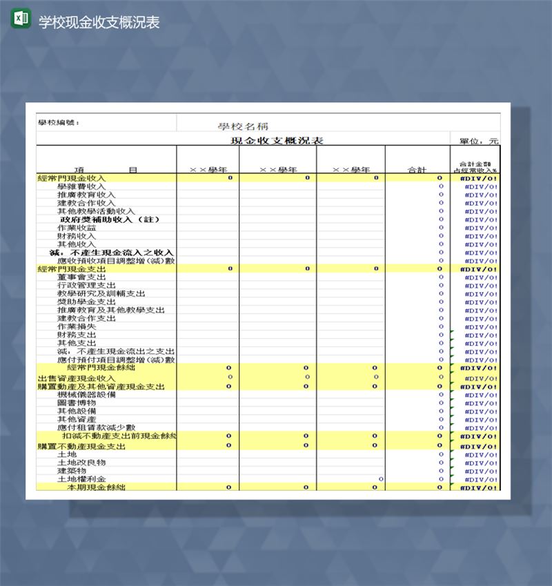 学校现金收支概況财务明细表Excel模板-1