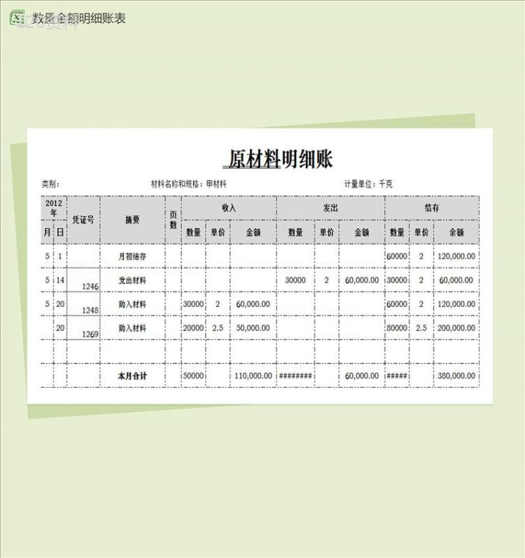 原材料数量金额式明细账单Excel表格-1