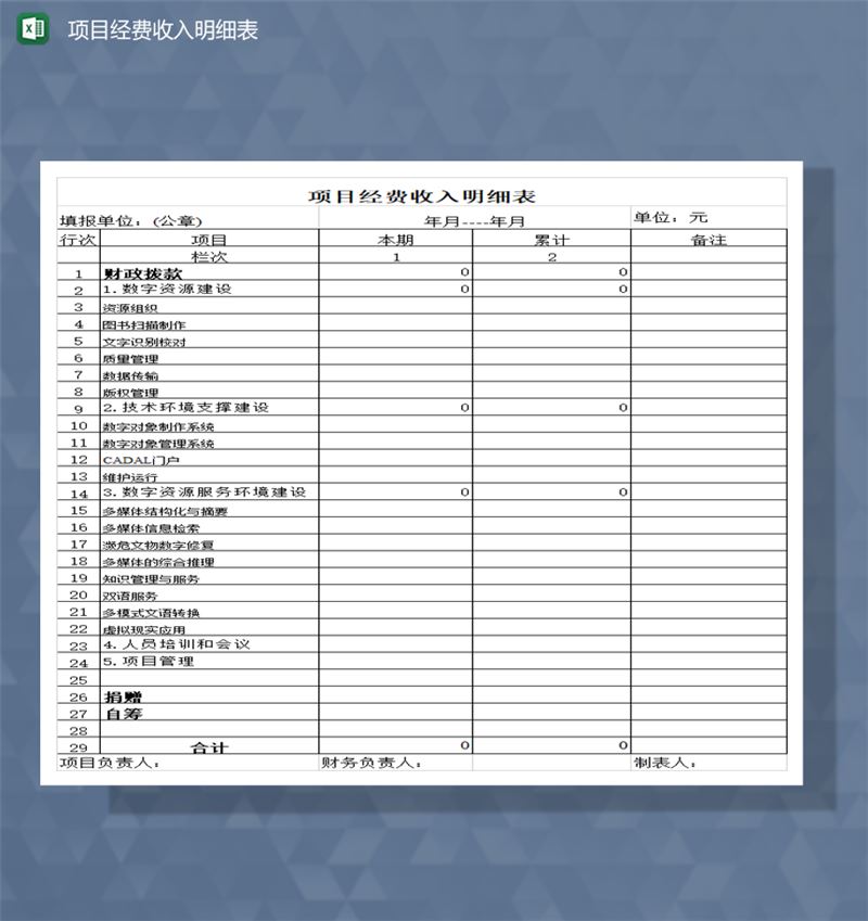 财政拨付项目经费收入明细表Excel模板-1