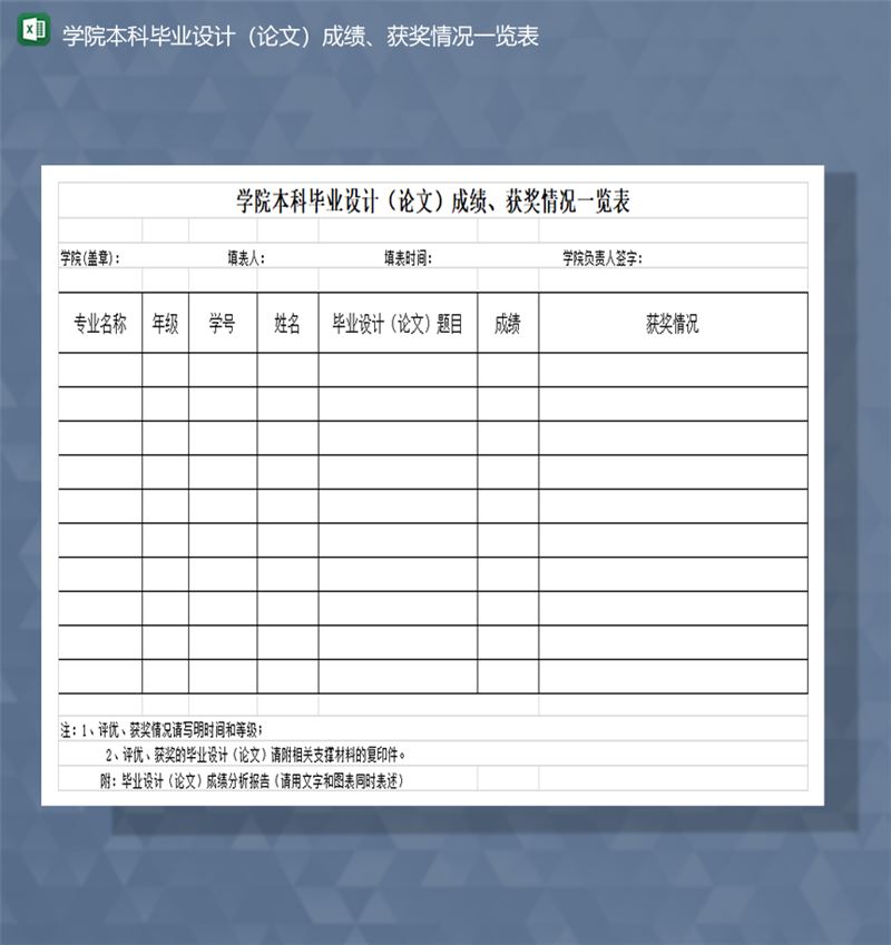 学院本科毕业设计论文成绩获奖情况一览表Excel模板-1