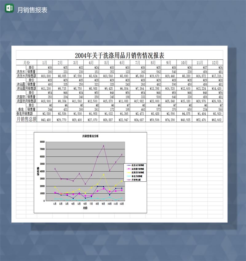 2020年年关于洗涤用品月销售情况报表Excel模板-1