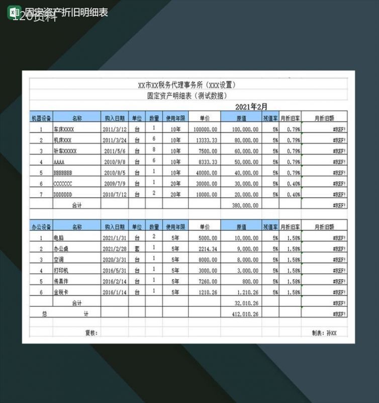 固定资产公式计算折旧明细表Excel模板-1