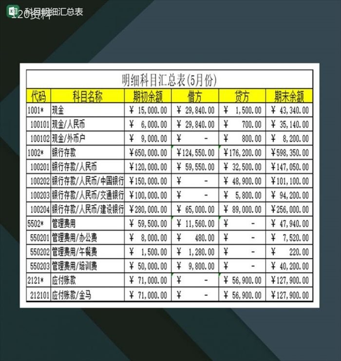 5月份企业科目明细汇总表Excel模板-1