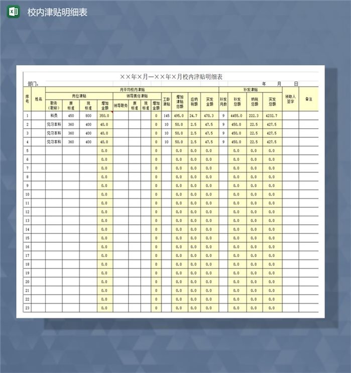 学校校内岗位津贴金额统计明细表Excel模板-1