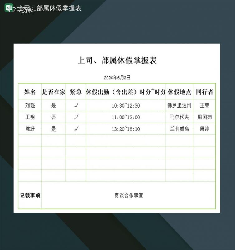 上司部属休假出勤安排掌握表Excel模板-1