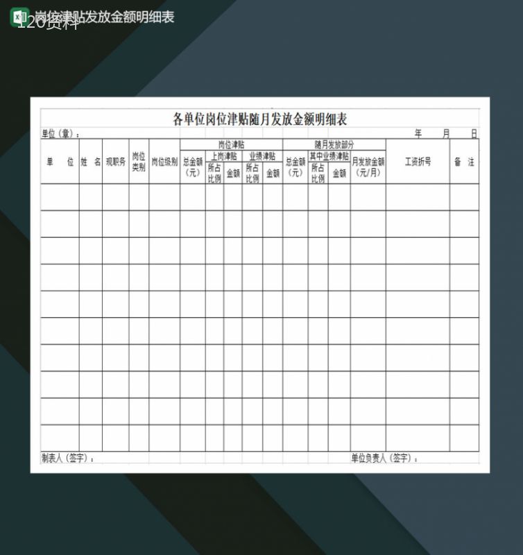 公司单位岗位津贴随月发放金额明细表Excel模板-1