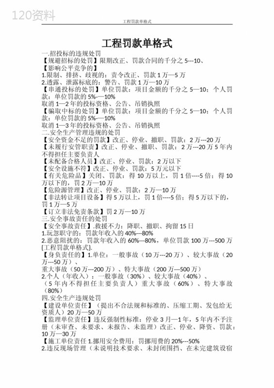 工程合同违约处罚标准及罚款通知单模板