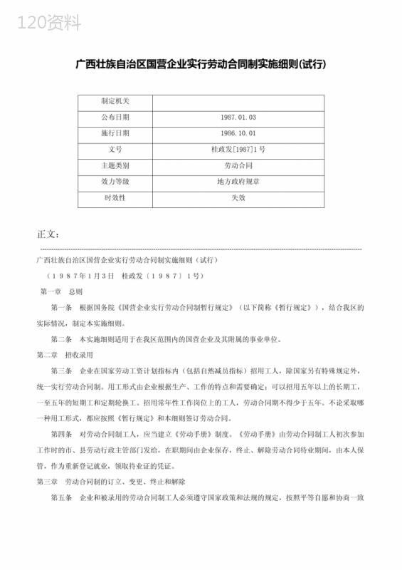 广西壮族自治区国营企业实行劳动合同制实施细则(试行)-桂政发[1987]1号