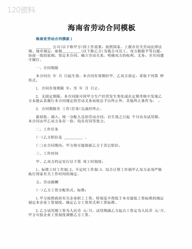 海南省劳动合同模板