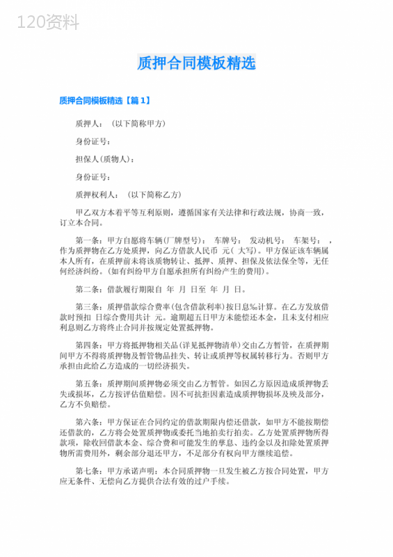 质押合同模板精选