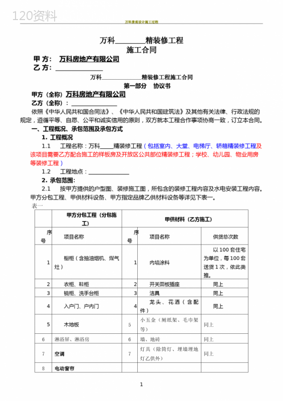 万科精装修施工合同文本