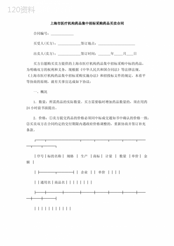 上海市医疗机构药品集中招标采购药品买卖合同