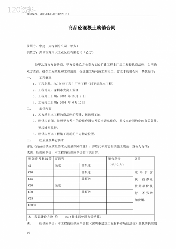 商品砼混凝土购销合同(大工业区)