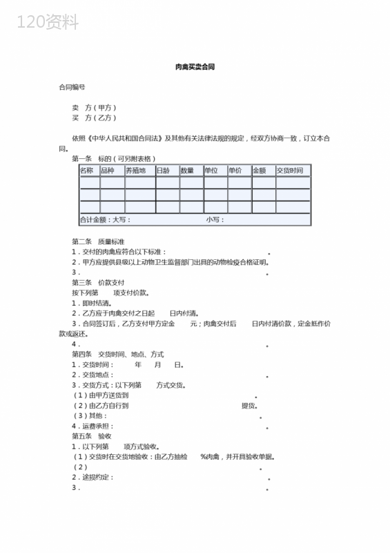 肉禽买卖合同