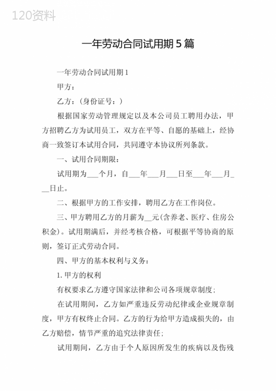 一年劳动合同试用期5篇