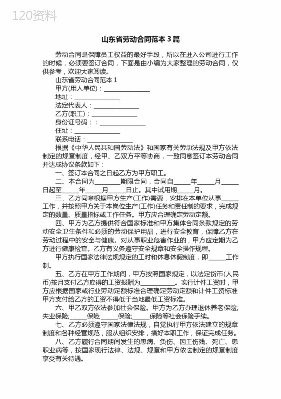 山东省劳动合同范本3篇