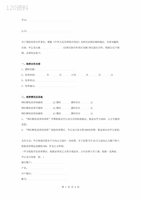 网络红人培养合作合同协议书范本模板