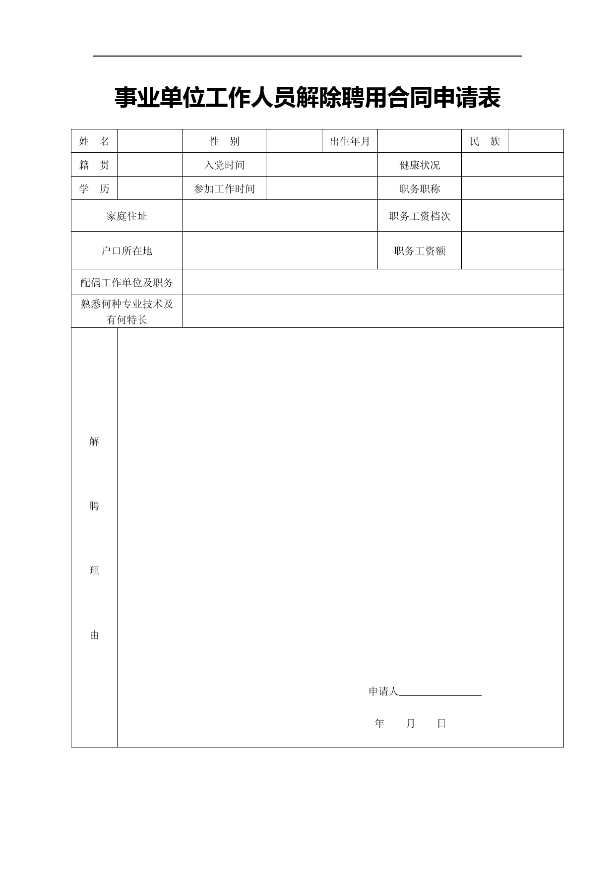 事业单位工作人员解除聘用合同申请表【模板】