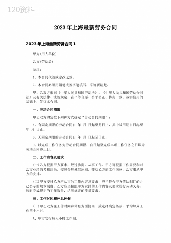 2023年上海最新劳务合同