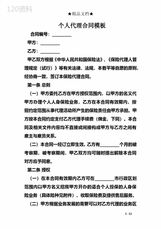个人代理合同模板