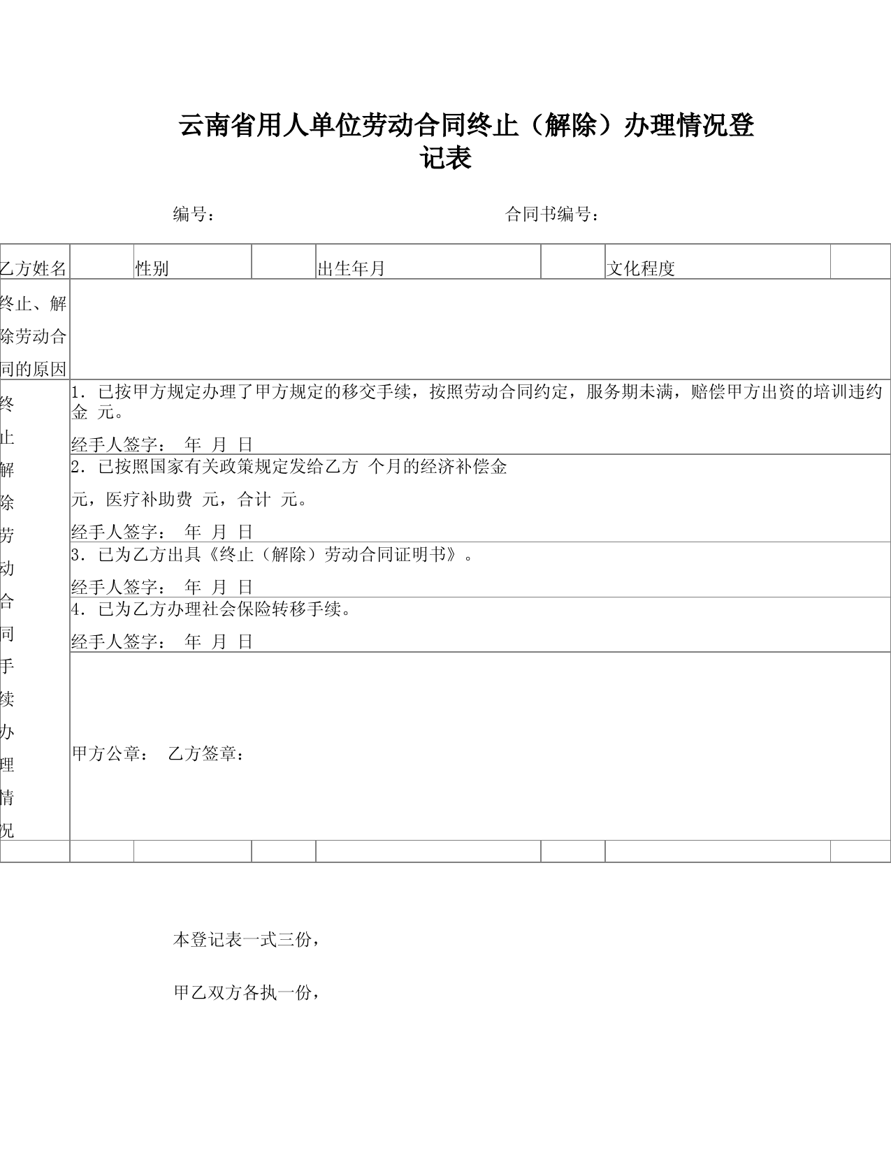 云南省用人单位劳动合同终止(解除)办理情况登记表