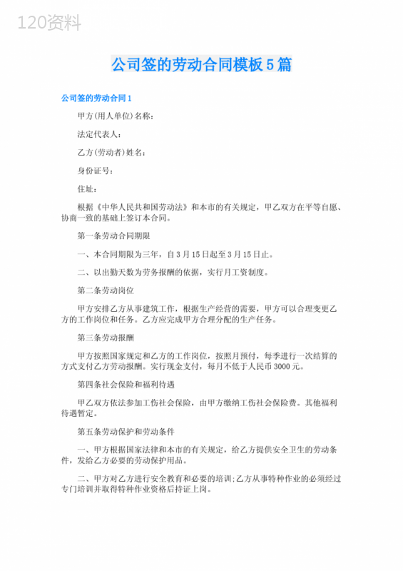 公司签的劳动合同模板5篇