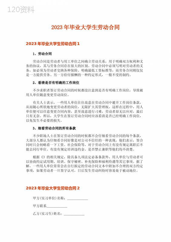 2023年毕业大学生劳动合同