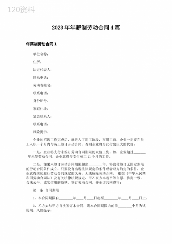 2023年年薪制劳动合同4篇