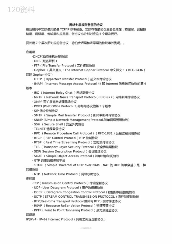 网络七层模型各层的协议