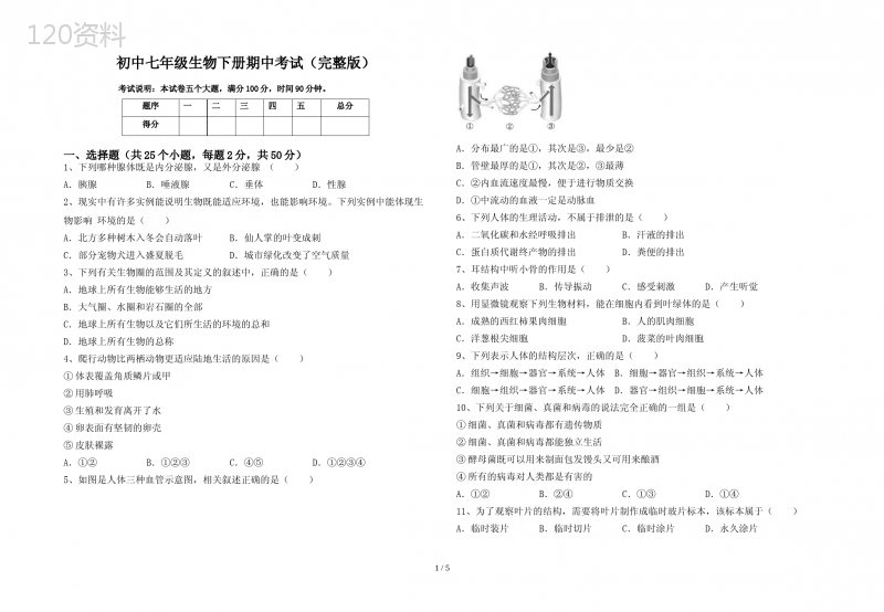 初中七年级生物下册期中考试(完整版)