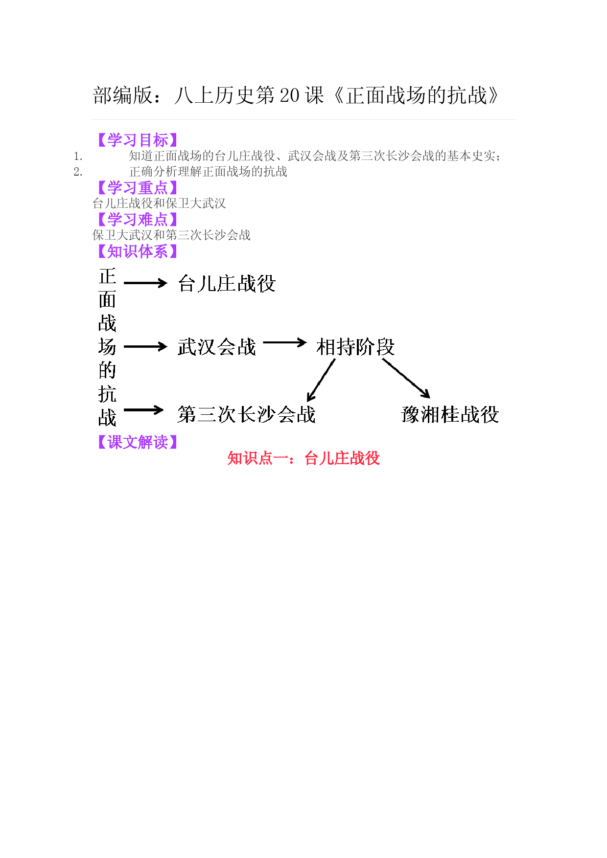 人教版历史八年级上册第20课《正面战场的抗战》教案