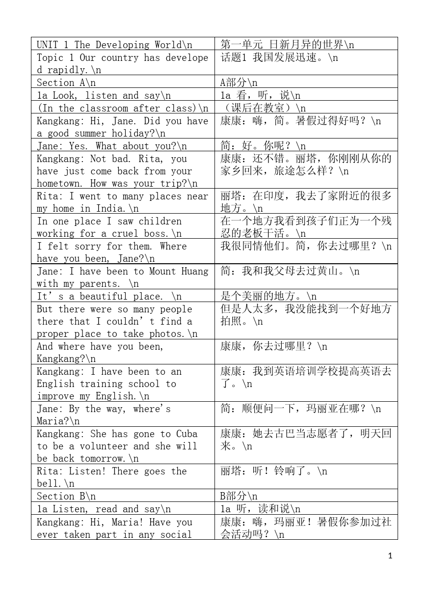 仁爱英语九年级上册课文英汉互译