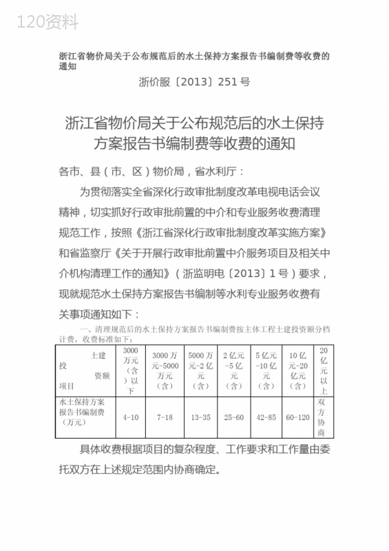 浙江省物价局关于公布规范后的水土保持方案报告书编制费等收费的通知
